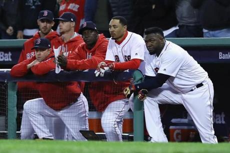 BOSTON, MA - OCTOBER 10: David Ortiz #34 of the Boston Red Sox looks on from the dugout in the eighth inning against the Cleveland Indians during game three of the American League Divison Series at Fenway Park on October 10, 2016 in Boston, Massachusetts. (Photo by Elsa/Getty Images)
