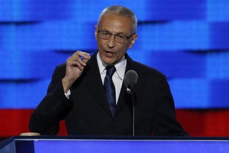 FILE - In this July 25, 2016, file photo, John Podesta, Clinton Campaign Chairman, speaks during the first day of the Democratic National Convention in Philadelphia. Podesta, a top adviser to Hillary Clinton, on Tuesday, Oct. 11, accused Roger Stone, a longtime Donald Trump aide, of receiving 