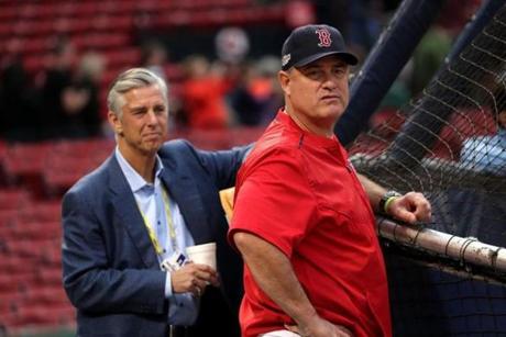 Boston, MA - 10/08/2016 - Boston Red Sox Red Sox president of baseball operations Dave Dombrowski and manager John Farrell (53). Red Sox work out at Fenway in advance of Sunday's ALDS Game 3. - (Barry Chin/Globe Staff), Section: Sports, Reporter: Peter Abraham, Topic: 09Red Sox, LOID: 8.3.271180691.
