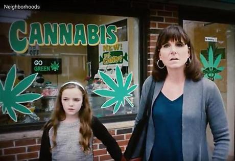 In the anti- marijuana ad, a mother and daughter encounter one cannabis shop after another in a suburban setting. 
