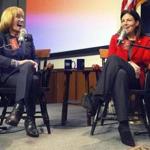 Governor Maggie Hassan of New Hampshire and incumbent US Senator Kelly Ayotte shared a laugh Tuesday while speaking with business leaders in Manchester, N.H.
