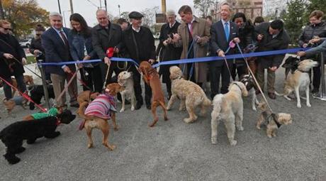 BOSTON, MA - 10/27/2016: Pols have gone to the dogs......( standing behind the blue ribbon L-R ) The ribbon cutting included Boston Councilor Michael Flaherty, Boston Councilor Annissa Essibi-George, former city of Boston mayor Ray Flynn, Boston Councilor Bill Linehan, Massport CEO Thomas P. Glynn, Mayor Marty Walsh, Congressman Stephen Lynch, State Senator Linda Dorcena Forry and State Representative Nick Collins. The Massachusetts Port Authority (Massport), elected officials and members of the South Boston community gathered to celebrate a new dog park for South Boston residents and their pets. Massport made a commitment to build a dog park for the community and tomorrow the East First Street Dog Park will become a reality. (David L Ryan/Globe Staff Photo) SECTION: METRO TOPIC stand alone photo
