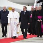 Pope Francis (2nd L) is welcomed by Swedish Prime Minister Stefan Lofven (3rd L) after landing on October 31, 2016 in Malmo, Sweden. Francis kicks off a two-day visit to Sweden to mark the 500th anniversary of the Reformation -- a highly symbolic trip, given that Martin Luther's dissenting movement launched centuries of bitter and often bloody divisions in Europe. / AFP PHOTO / TT NEWS AGENCY / Emil LANGVAD / Sweden OUTEMIL LANGVAD/AFP/Getty Images