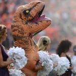 A Denver Broncos cheerleader in a dinosaur costume before the game against the San Diego Chargers. 