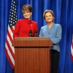 In this Sept. 13, 2008 photo released by NBC, Tina Fey portrays Alaska Gov. Sarah Palin, left, and Amy Poehler as Sen. Hillary Clinton during a skit on 