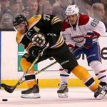 Boston MA 10/22/16 Boston Bruins center Patrice Bergeron (37) with pressure from Montreal Canadiens center Andrew Shaw (65) during second period action at TD Garden on Saturday October 22, 2016. (Photo by Matthew J. Lee/Globe staff) 