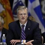 Massachusetts Gov. Charlie Baker speaks during a conference of New England's governors and eastern Canada's premiers to discuss closer regional collaboration, Monday, Aug. 29, 2016, in Boston. (AP Photo/Elise Amendola)