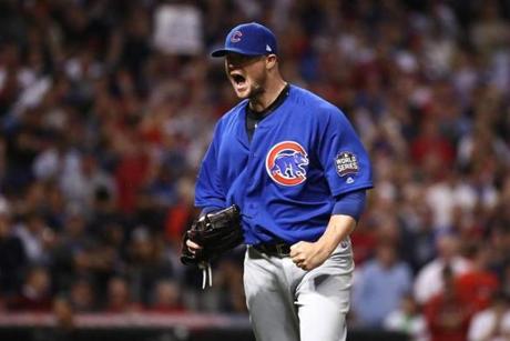 CLEVELAND, OH - NOVEMBER 02: Jon Lester #34 of the Chicago Cubs reacts after retiring the side during the seventh inning against the Cleveland Indians in Game Seven of the 2016 World Series at Progressive Field on November 2, 2016 in Cleveland, Ohio. (Photo by Ezra Shaw/Getty Images)
