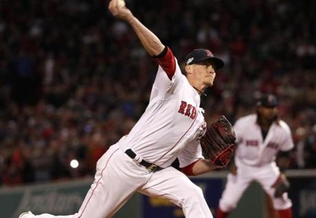 Boston, MA 10/10/16 Red Sox pitcher Clay Buchholz pitches in the third inning. Game three of the ALDS between the Boston Red Sox and Cleveland Indians at Fenway Park. (Barry Chin/Globe Staff)
