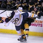 Boston, MA-11/07/16- The Sabres Jake McCabe (left) and the Bruins Noel Acciari (55,right) collide during second period action. The Boston Bruins hosted the Buffalo Sabres an NHL regular season hockey game at the TD Garden. (Jim Davis/Globe Staff) reporter: dupont topic: Bruins-Sabres 