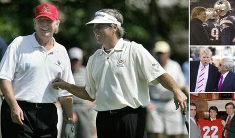 Norton, MA 09/01/05 Fred Couples(cq), on the right, shares a laugh with Donald Trump(cq), on the left, during the Deutsche Bank Championship Pro-Am at TPC of Boston in Norton, Thursday, September 1, 2005.(Globe Staff Photo/Wendy Maeda) section: Sports slug: Golf reporter: Kevin Dupont - Library Tag 09022005 Sports
