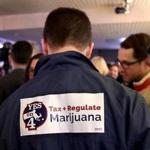 Boston, MA: 11-01-2016: Supporter of Question Four wears the message on bis jacket at the vote yes on Question Four to legalize marijuana party at Lir restaurant in Boston, Mass. Nov. 8, 2016. Photo/John Blanding, Boston Globe staff story/Joshua Miller, Metro ( 09pot )