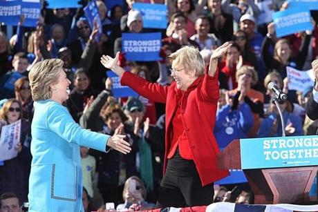 Elizabeth Warren and Hillary Clinton hugged at a recent event in New Hampshire.
