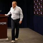 Foxborough, MA - 11/09/2016 - New England Patriots head coach Bill Belichick after addressing the media during his morning press availability. Belichick gave a brief statement about his support of President Elect Donald Trump. Afterwards, he said one word regarding the subject; 