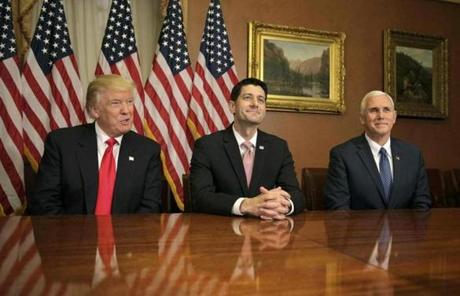 U.S. President-elect Donald Trump (L) meets with Speaker of the House Paul Ryan (R-WI) (C) and Vice-President elect Mike Pence on Capitol Hill in Washington, U.S., November 10, 2016. Roberts
