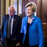 Sen. Bernie Sanders, I-Vt., and Sen. Elizabeth Warren, D-Mass., left a policy luncheon in May 2015.