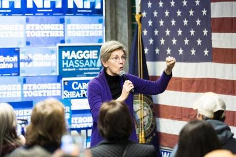Senator Elizabeth Warren addressed a crowd of Hillary Clinton volunteers in New Hampshire last week.
