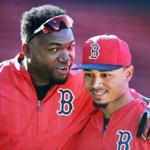 07/19/16: Boston, MA: Red Sox DH David Ortiz (left) is pictured with teammate Mookie Betts (right) during batting practice. The Boston Red Sox hosted the San Francisco Giants in an inter league MLB baseball game at Fenway Park. (Globe Staff Photo/Jim Davis) section:sports topic: Red Sox-Giants