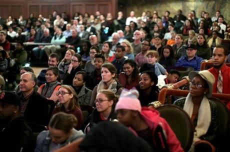 A diverse audience attended the racial dialogue session at Boston?s Cutler Majestic Theatre. The event was packed.
