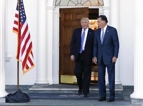 President-elect Trump and Mitt Romney walked together after Saturday?s meeting in Bedminster, N.J.
