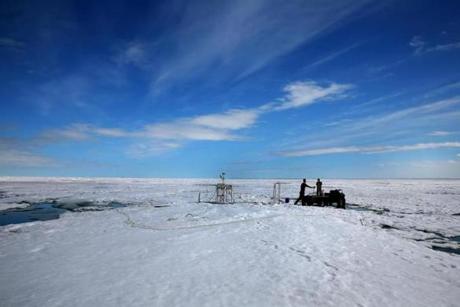 Researchers removed scientific equipment from sea ice near Barrow, Alaska.
