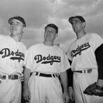 Ralph Branca, right, posed with Brooklyn Dodgers manager Leo Durocher, center, and shortstop Pee Wee Reese, left in 1948.