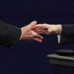 The hands of Republican U.S. presidential nominee Donald Trump and Democratic U.S. presidential nominee Hillary Clinton are seen as they shake hands at the end of their presidential town hall debate at Washington University in St. Louis, Missouri, U.S., October 9, 2016. REUTERS/Jim Young 