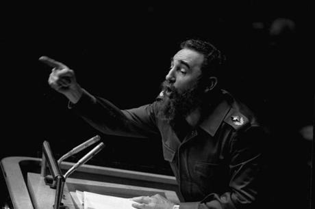 In this Oct. 12, 1979 file photo, Cuban President, Fidel Castro, pointed during his lengthy speech before the United Nations General Assembly, in New York.
