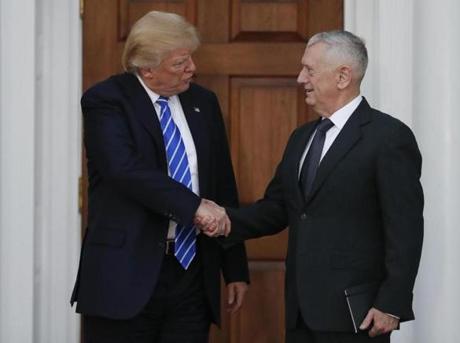 President elect Donald Trump shook hands with retired Marine Gen. James Mattis in November. 
