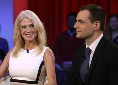 Kellyanne Conway, Trump-Pence campaign manager, left, sits with Robby Mook, Clinton-Kaine campaign manager, prior to a forum at Harvard University's Kennedy School of Government in Cambridge, Mass., Thursday, Dec. 1, 2016. (AP Photo/Charles Krupa) 
