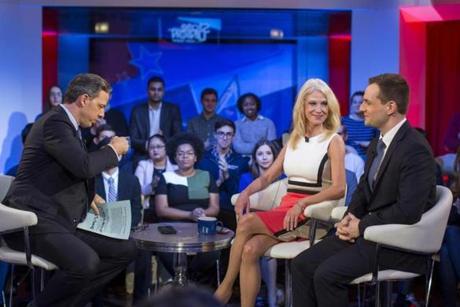 Jake Tapper of CNN (left) sat on stage with Donald Trump?s campaign manager Kellyanne Conway and Hillary Clinton?s campaign manager Robby Mook during a forum at the Harvard Institute of Politics.
