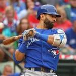 ARLINGTON, TX - OCTOBER 07: Jose Bautista #19 of the Toronto Blue Jays ducks away from an inside pitch against the Texas Rangers in the second inning in game two of the American League Divison Series at Globe Life Park in Arlington on October 7, 2016 in Arlington, Texas. (Photo by Scott Halleran/Getty Images)