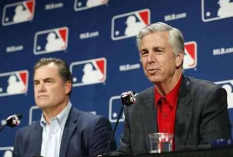 Dave Dombrowski (right) and Red Sox manager John Farrell met the media Tuesday.
