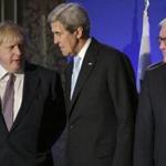US Secretary of State John Kerry, center, British Foreign Secretary Boris Johnson, left, and German Foreign Minister Frank-Walter Steinmeierz.