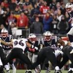 Foxborough, MA 12/12/16 Patriots Shea McClellin jumps over Ravens players to blocks a field goal attempt in the first quarter.New England Patriots play against the Baltimore Ravens at Gillette Stadium Monday, Dec. 12, 2016. (Jim Davis / Globe Staff)