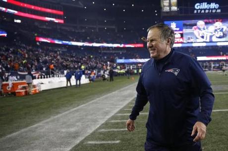 Foxborough, MA -- 12/13/2016 -New England Patriots head coach Bill Belichick smiles as he walks off the field at the conclusion of the game against the Baltimore Ravens at Gillette Stadium. (Jessica Rinaldi/Globe Staff) Topic: Patriots-Ravens Reporter: 
