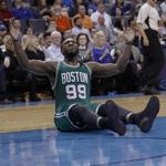 Boston Celtics forward Jae Crowder (99) reacts after a call against him during a play against the Oklahoma City Thunder during the second half of an NBA basketball game in Oklahoma City, Sunday, Dec. 11, 2016. Oklahoma City won 99-96. (AP Photo/Alonzo Adams)
