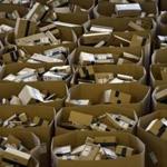 Packages are stored at the Amazon electronic commerce company's logistics center in San Fernando de Henares, near Madrid, on the eve of 