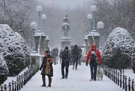 Boston-12/17/2016- The first significant snow blanketed the region, as people came out to enjoy the snow in the Boston Public garden. JohnTlumacki/Globe Staff(metro)
