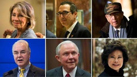 Clockwise from top left: Betsy DeVos, Steven Mnuchin, Wilbur Ross, Elaine Chao, Jeff Sessions, and Tom Price.
