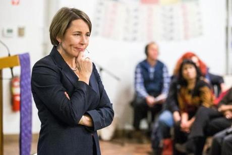 11/19/2016 ARLINGTON, MA Attorney General Maura Healey (cq) speaks to a large crowd during a post-election town hall held at the First Parish Unitarian Universalist Church in Arlington. (Aram Boghosian for The Boston Globe) 
