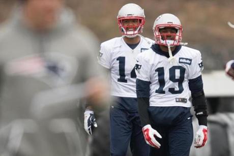 Patriots - New England Patriot's Michael Floyd (14) and Malcom Mitchell (19) during Thursday's practice at Gillette, Dec., 22, 2016. (Gretchen Ertl for The Boston Globe)
