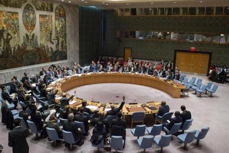 The United States allowed the UN Security Council (above) to condemn continuing construction in Palestinian territory as a ?flagrant violation? of international law. 
