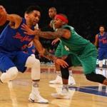 NEW YORK, NY - DECEMBER 25: Courtney Lee #5 of the New York Knicks drives towards the net against Isaiah Thomas #4 of the Boston Celtics at Madison Square Garden on December 25, 2016 in New York City. NOTE TO USER: User expressly acknowledges and agrees that, by downloading and or using this photograph, User is consenting to the terms and conditions of the Getty Images License Agreement. (Photo by Mike Stobe/Getty Images)