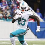 Miami Dolphins running back Jay Ajayi (23) rushes during the first half of an NFL football game against the Buffalo Bills Saturday, Dec. 24, 2016, in Orchard Park, N.Y. (AP Photo/Bill Wippert)