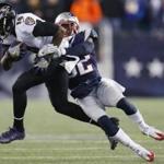 Foxborough, MA -- 12/12/2016 -New England Patriots Devin McCourty (R) tackles Baltimore Ravens Breshad Perriman during the second quarter of game action at Gillette Stadium. (Jessica Rinaldi/Globe Staff) Topic: Patriots-Ravens Reporter: 