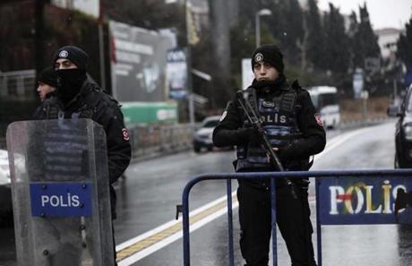 Police blocked the road leading to the Reina nightclub in Istanbul, the scene of a deadly terrorist attack early Sunday.
