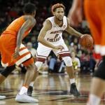 Boston College guard Ky Bowman (0) looks to pass during the second half of an NCAA college basketball game against Syracuse in Boston, Sunday, Jan. 1, 2017. (AP Photo/Mary Schwalm)