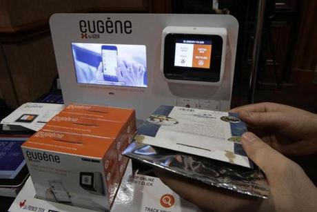 LAS VEGAS, NV - JANUARY 03: Eugene by UZER, a device that can help to improve home trash recycling, then shop online for replenishment with mobile app, track daily consumption and get reward and save money, is seen during a press event for CES 2017 at the Mandalay Bay Convention Center on January 3, 2017 in Las Vegas, Nevada. CES, the world's largest annual consumer technology trade show, runs from January 5-8 and is expected to feature 3,800 exhibitors showing off their latest products and services to more than 165,000 attendees. (Photo by Alex Wong/Getty Images)
