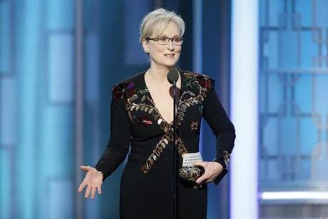 BEVERLY HILLS, CA - JANUARY 08: In this handout photo provided by NBCUniversal, Meryl Streep accepts Cecil B. DeMille Award during the 74th Annual Golden Globe Awards at The Beverly Hilton Hotel on January 8, 2017 in Beverly Hills, California. (Photo by  via Getty Images)

